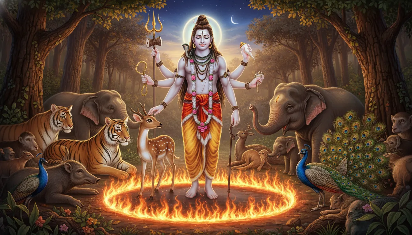 Multi-armed Shiva standing as Pashupati surrounded by wild animals and a protective ring of soft fire.