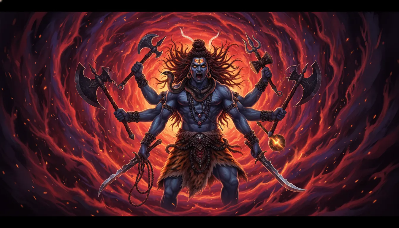 Ten-armed Rudra incarnation of Shiva standing inside a swirling violent vortex of dark red flames.
