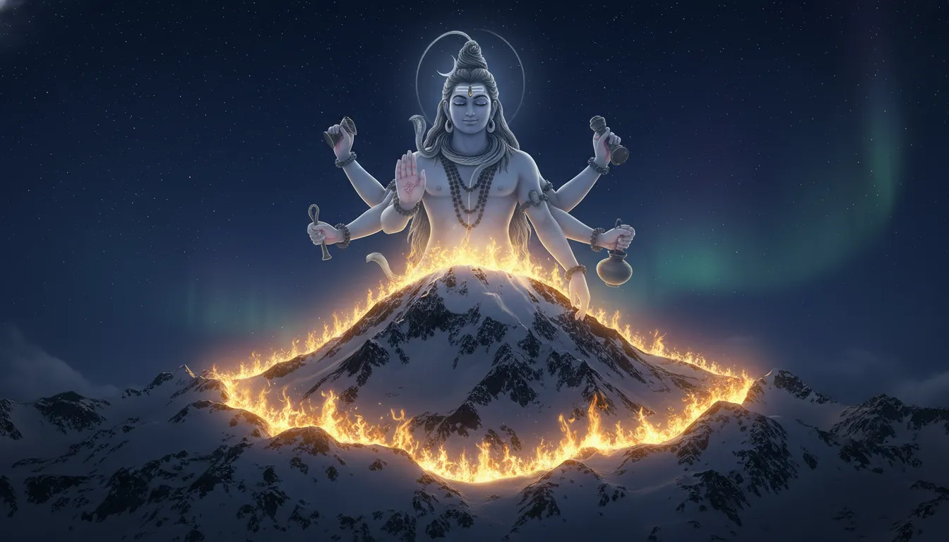 Giant multi-armed Shiva manifesting above a snowy Himalayan mountain peak that is covered in mystical fire.
