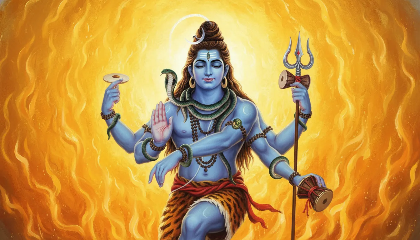 Multi-armed Shiva with a glowing silver crescent moon in his hair standing against a wall of bright gold fire.
