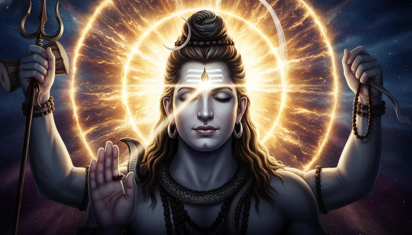 Close-up of multi-armed Shiva opening his third eye with a massive explosion of fire behind his head.