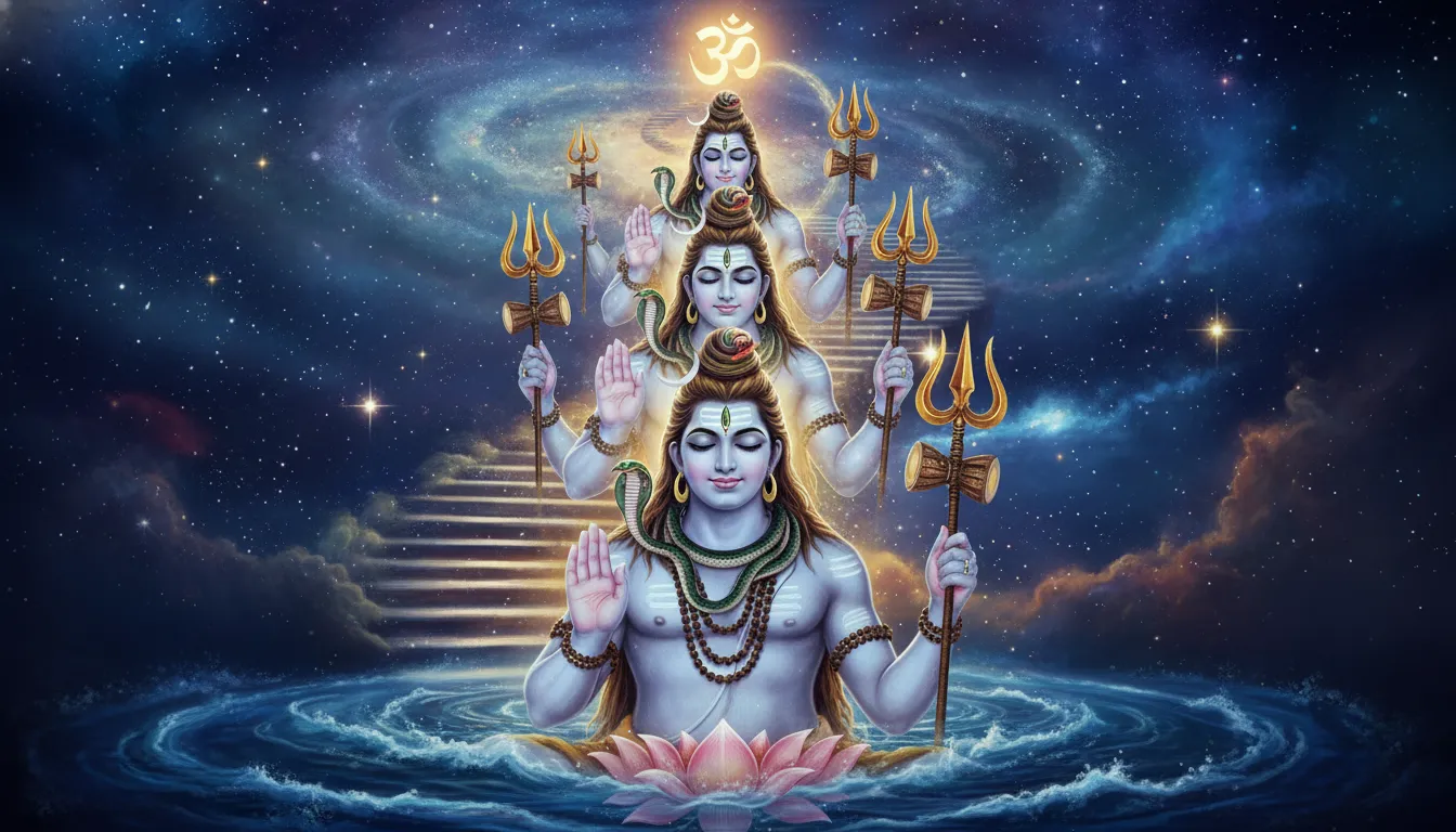Stacked divine forms of Lord Shiva with trident and sacred ornaments