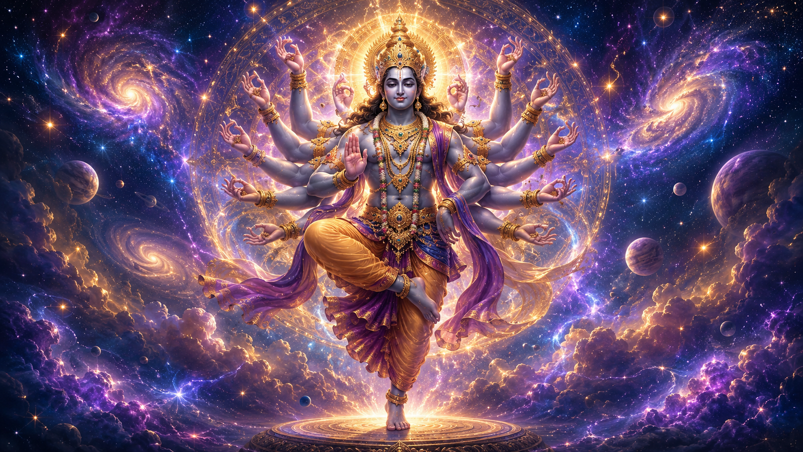 Detailed illustration of a multi-armed deity dancing amidst cosmic stars and energy waves