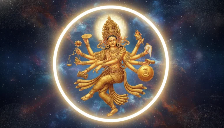 Traditional multi-armed golden deity statue performing a sacred dance within a circular frame