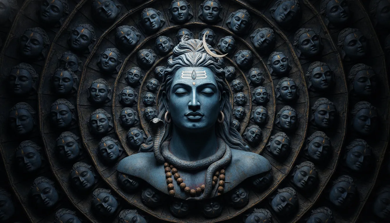 Artistic pattern showing repeated faces of Lord Shiva with a central larger figure
