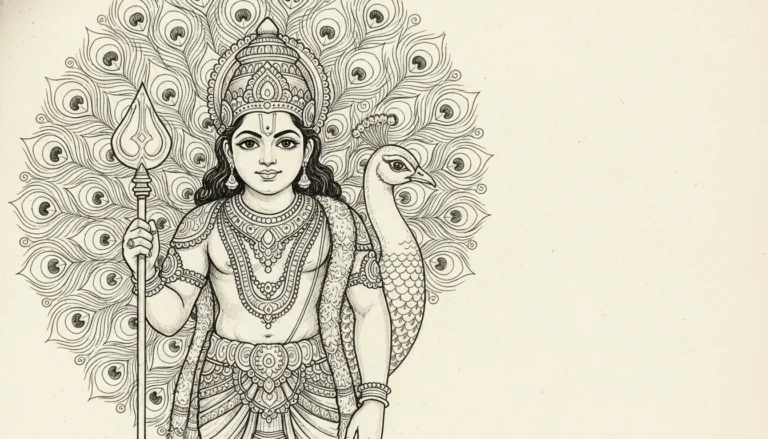 Fine line art sketch of deity Murugan standing with a peacock and spear