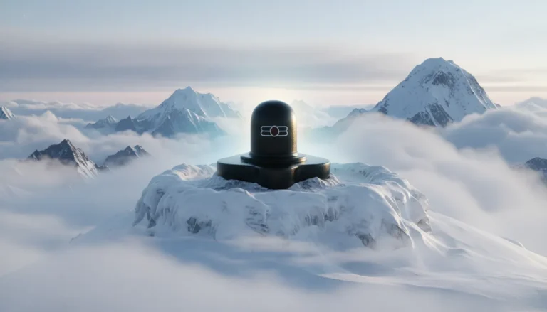 Sacred Mahadev Shiv Ling photo surrounded by snow-covered Himalayan mountains.