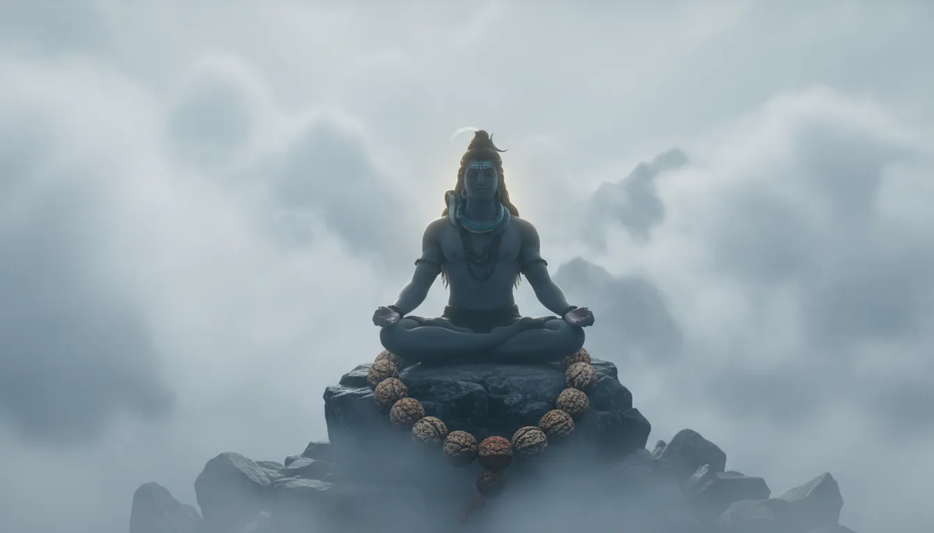 Lord Shiva partially shrouded in soft white mountain mist while meditating deeply.