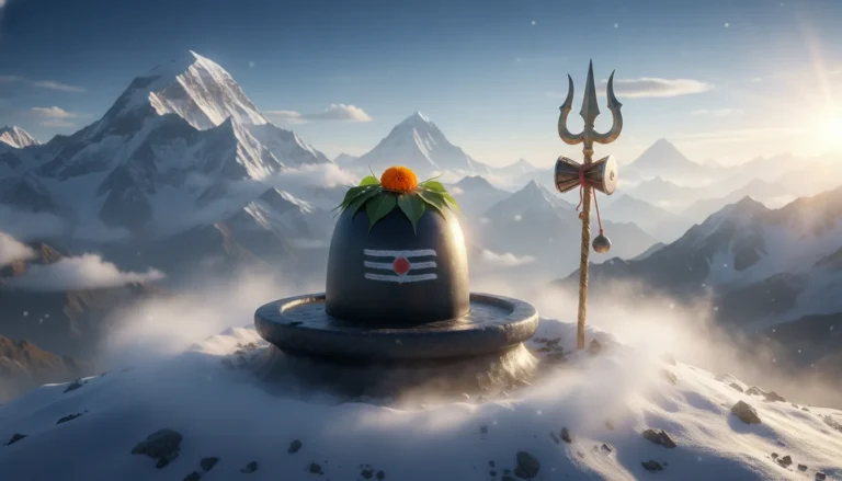 Har Har Mahadev Shivling photo on top of snow-covered Himalayan mountain with glowing divine light.