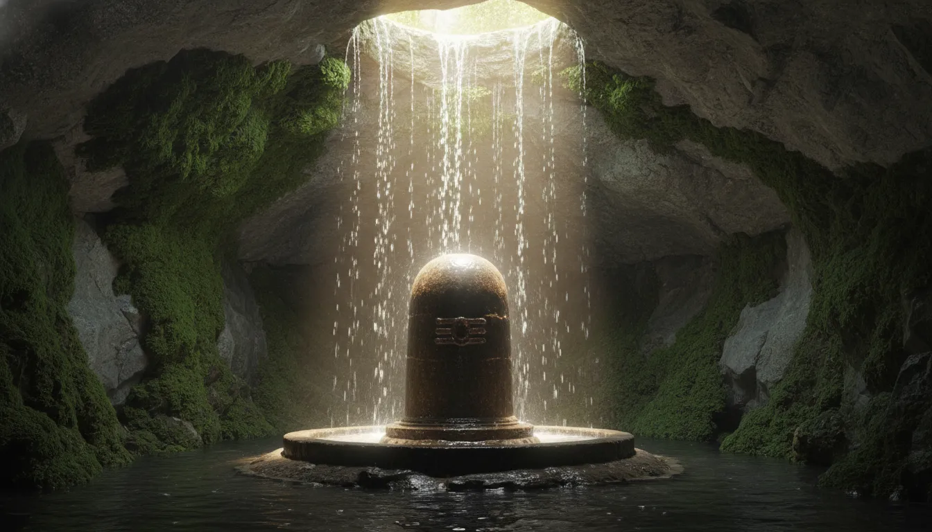 A beautiful dark stone Shiva Lingam placed inside a hidden cave under a glowing natural waterfall.