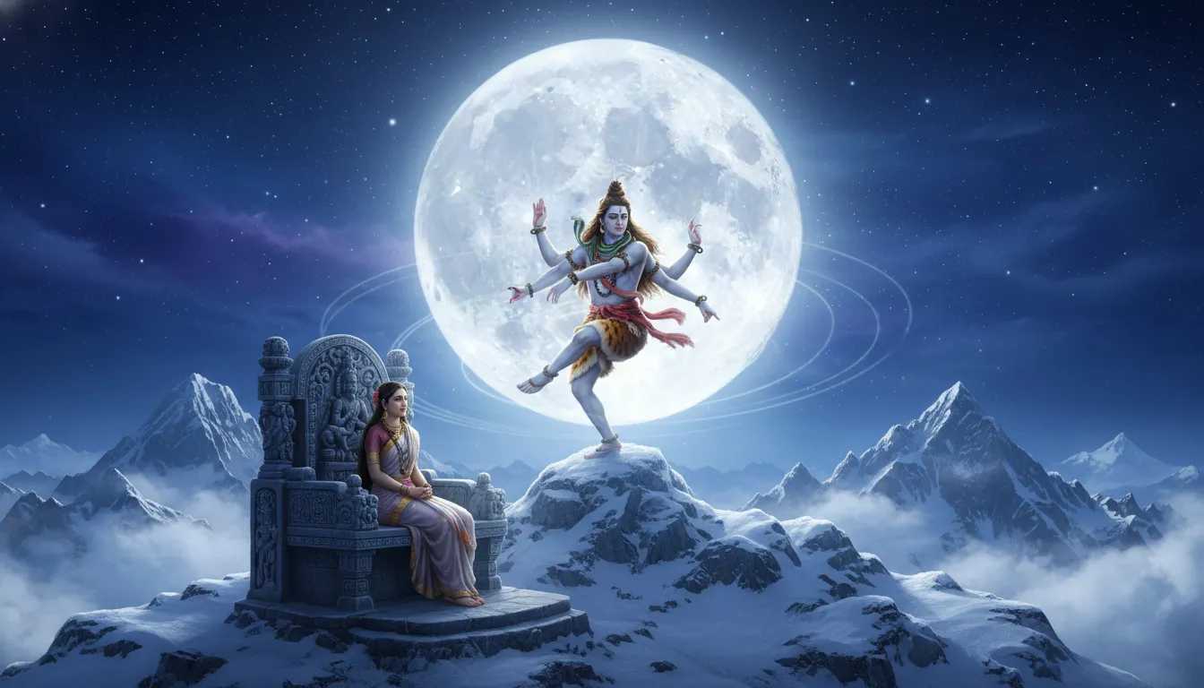 Shiva performing a gentle dance of creation with Parvati watching from a moonlit mountain ridge