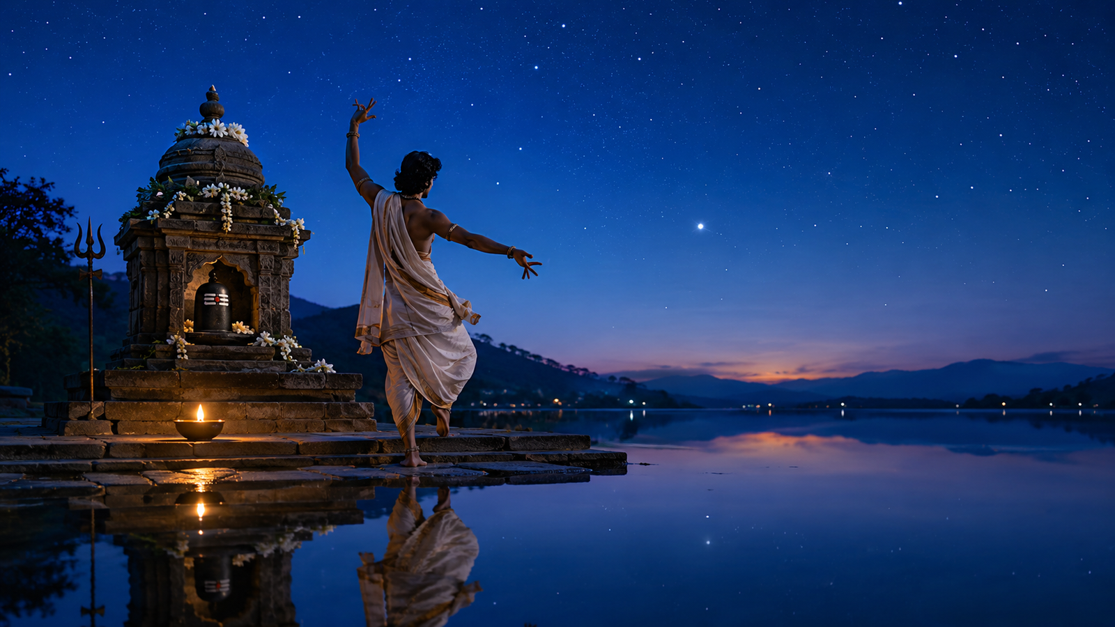 A person performing a mystical devotional dance at twilight near a lakeside Shiva shrine