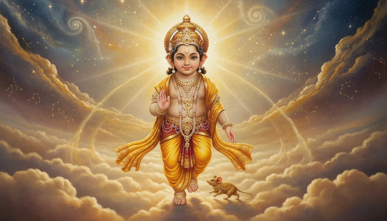 Divine child Ganesha walking on a heavenly cloud path with his small mouse companion.