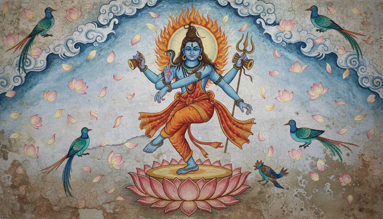 Ancient temple style mural painting of Lord Shiva dancing with sacred symbols