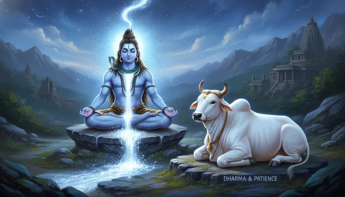 White Nandi bull sitting calmly near blue-glowing meditating Shiva
