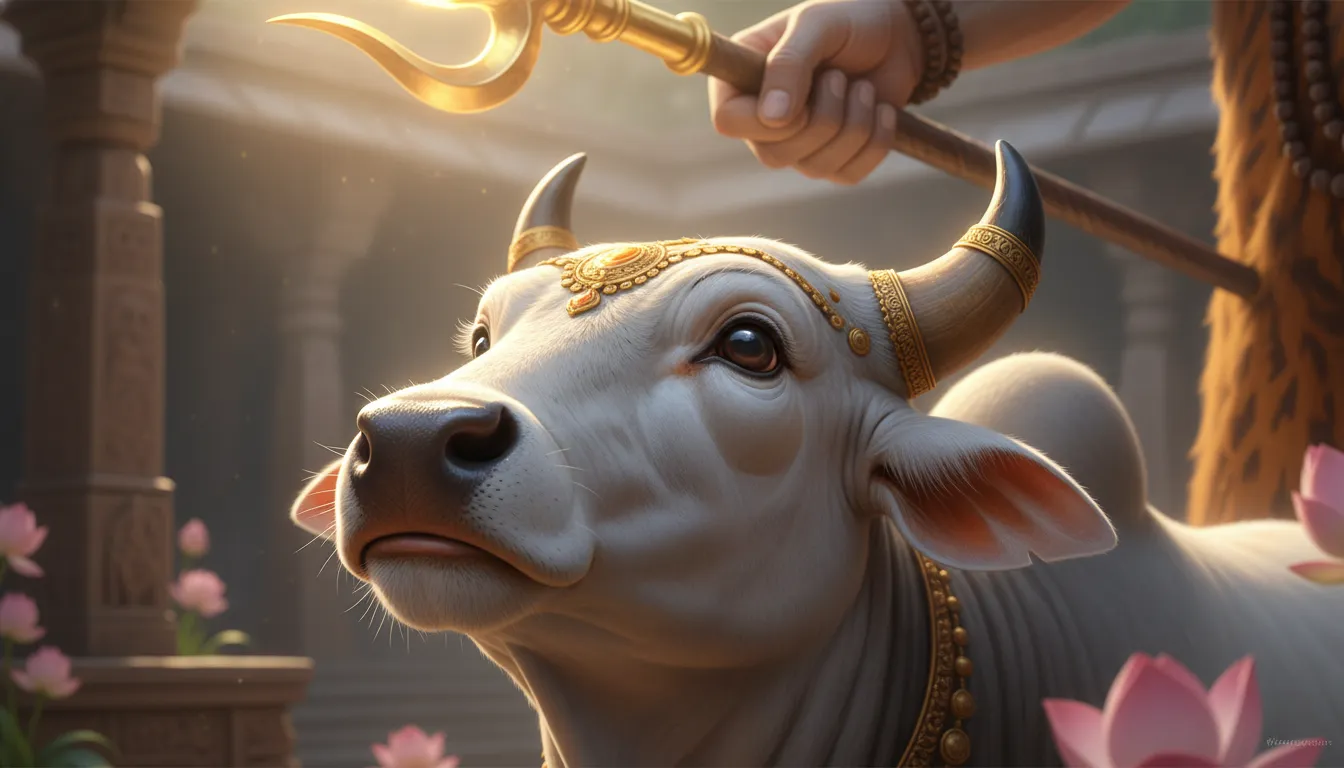 Nandi the sacred bull looking up at Lord Shiva with devotion in eyes