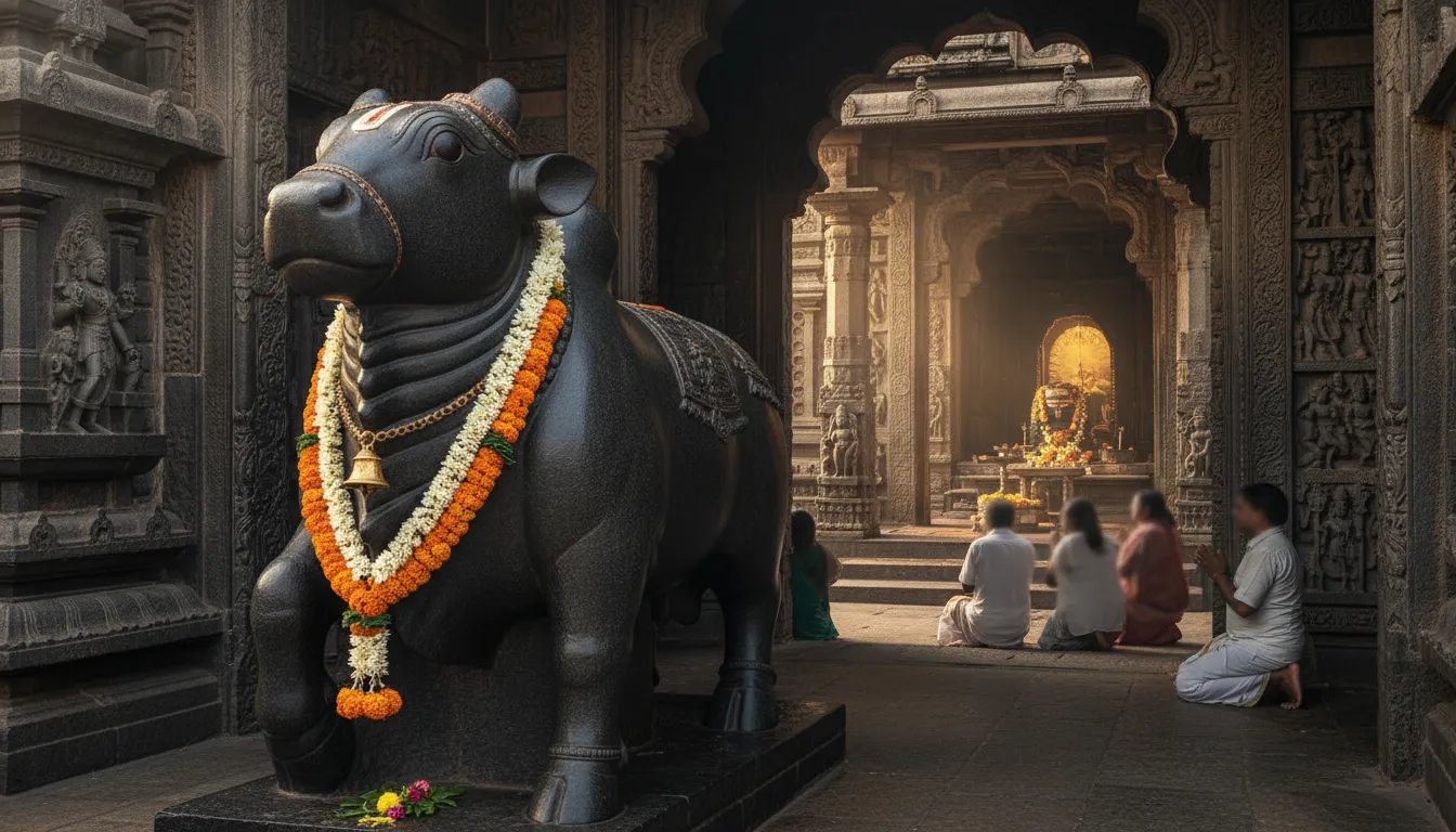 Nandi the sacred bull standing guard before Lord Shiva shrine entrance