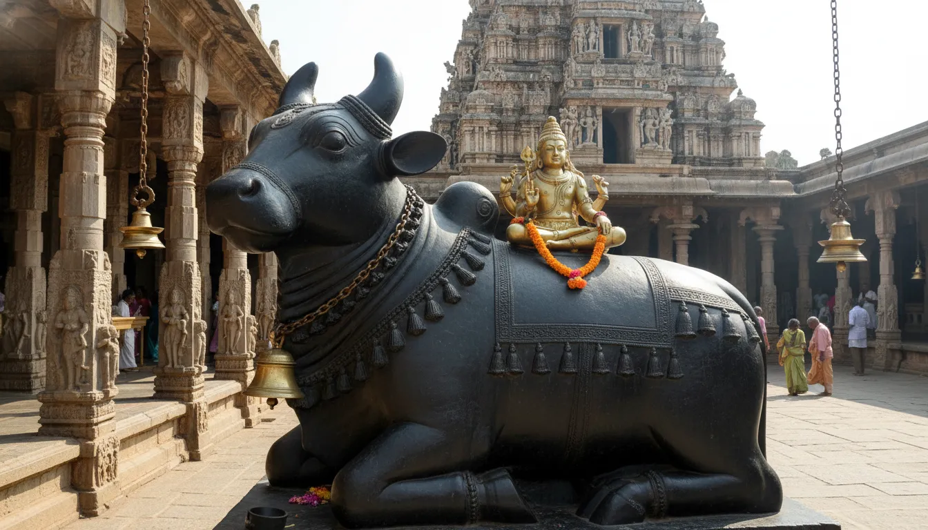 nandi statue with lord shiva idol sitting on top temple architecture view