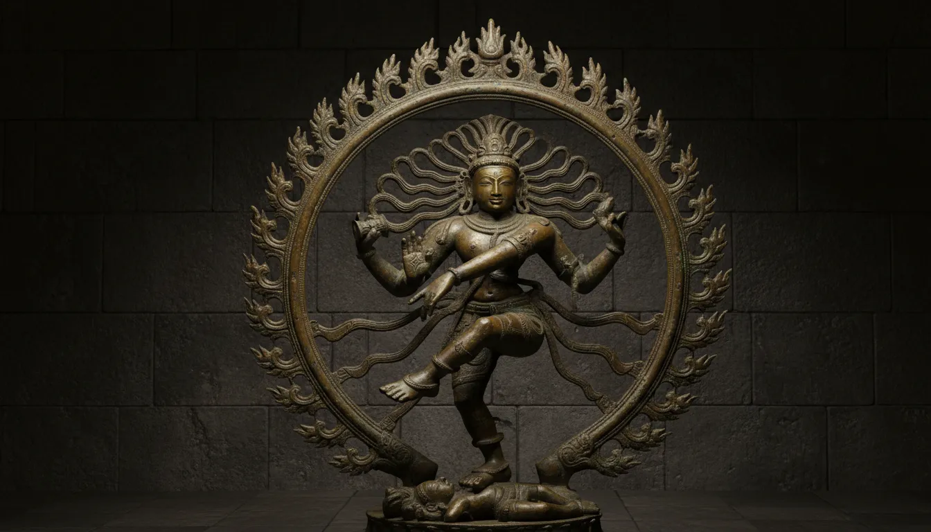 nataraja bronze statue with detailed fire ring antique golden hue