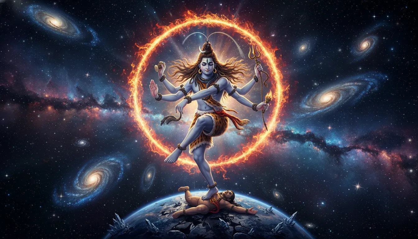 Mahadev real photo of Nataraja performing the cosmic Tandava dance surrounded by divine fire.