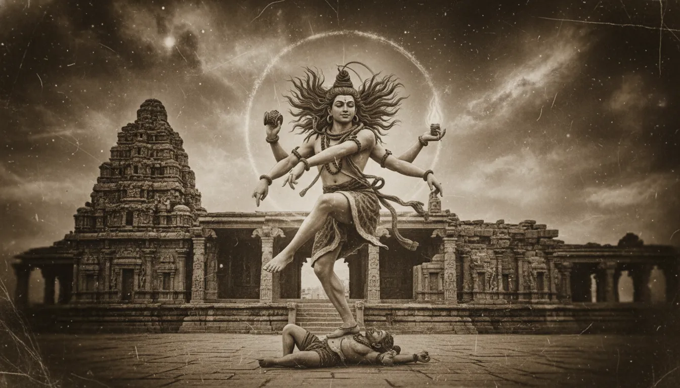 Rare aesthetic Mahadev old photo performing the cosmic Nataraja Tandava dance in an ancient temple ruin.