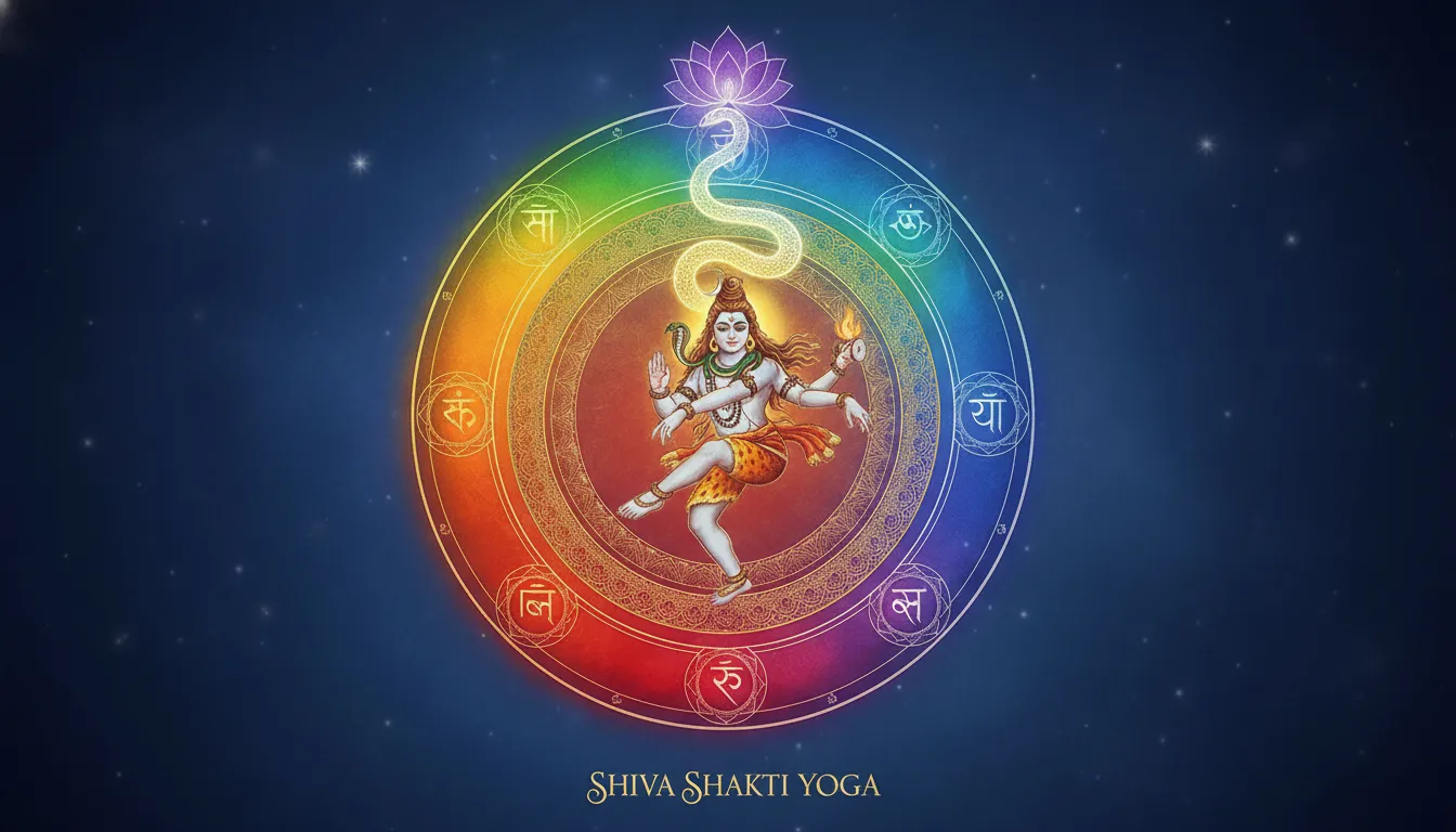 nataraja mandala with seven chakra symbols integrated into circular design