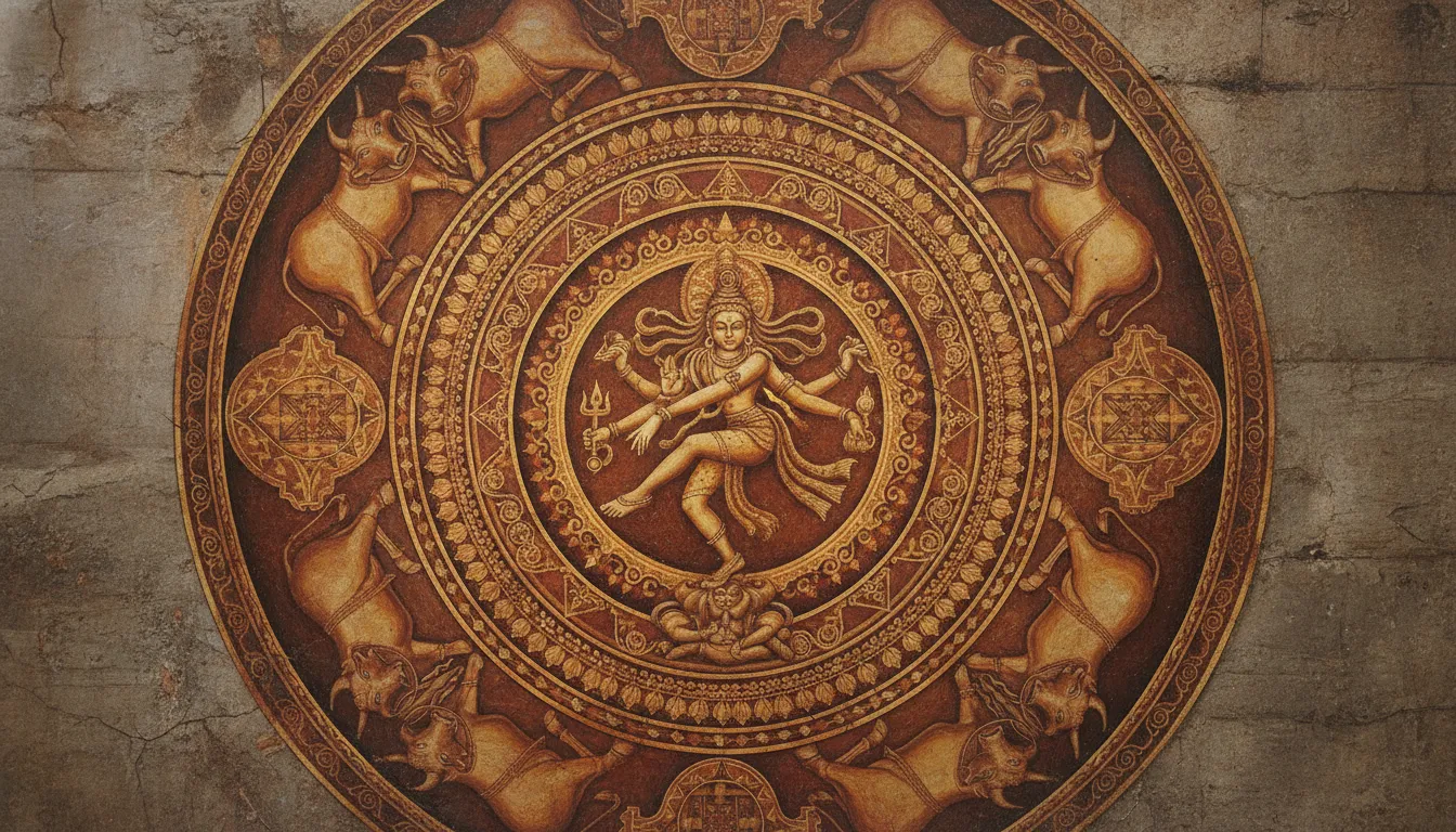 nataraja mandala with four nandi bulls in circular pattern devotion