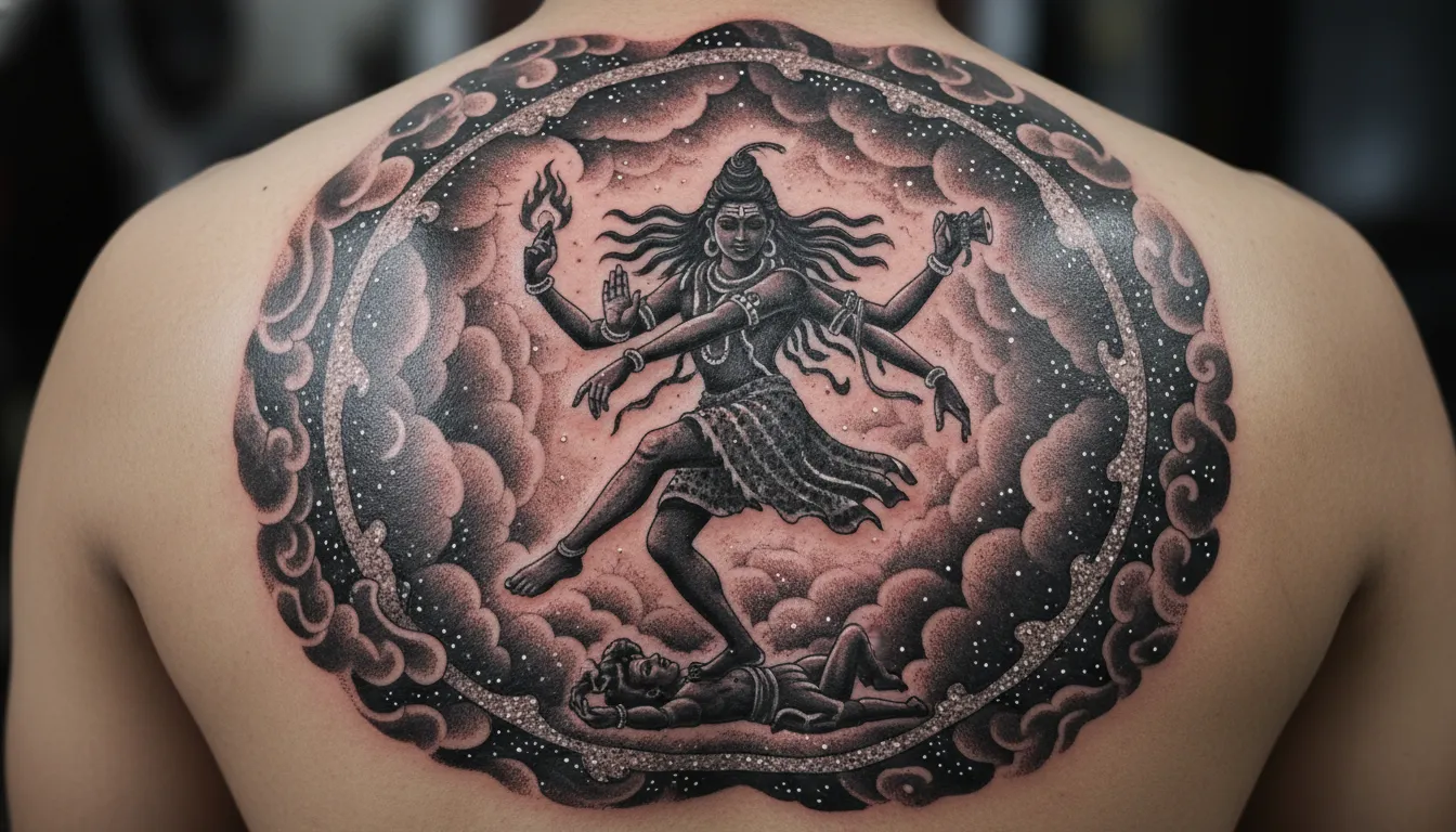 Lord Shiva cosmic Nataraja tandava dance tattoo photo on leg
