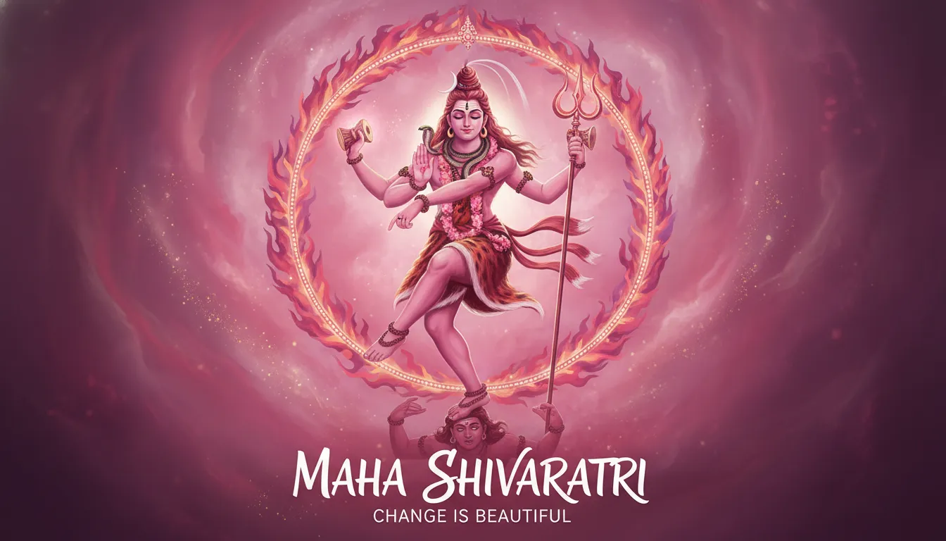 Pink Lord Shiva dancing as Nataraja, holding trident transformed into circular flame