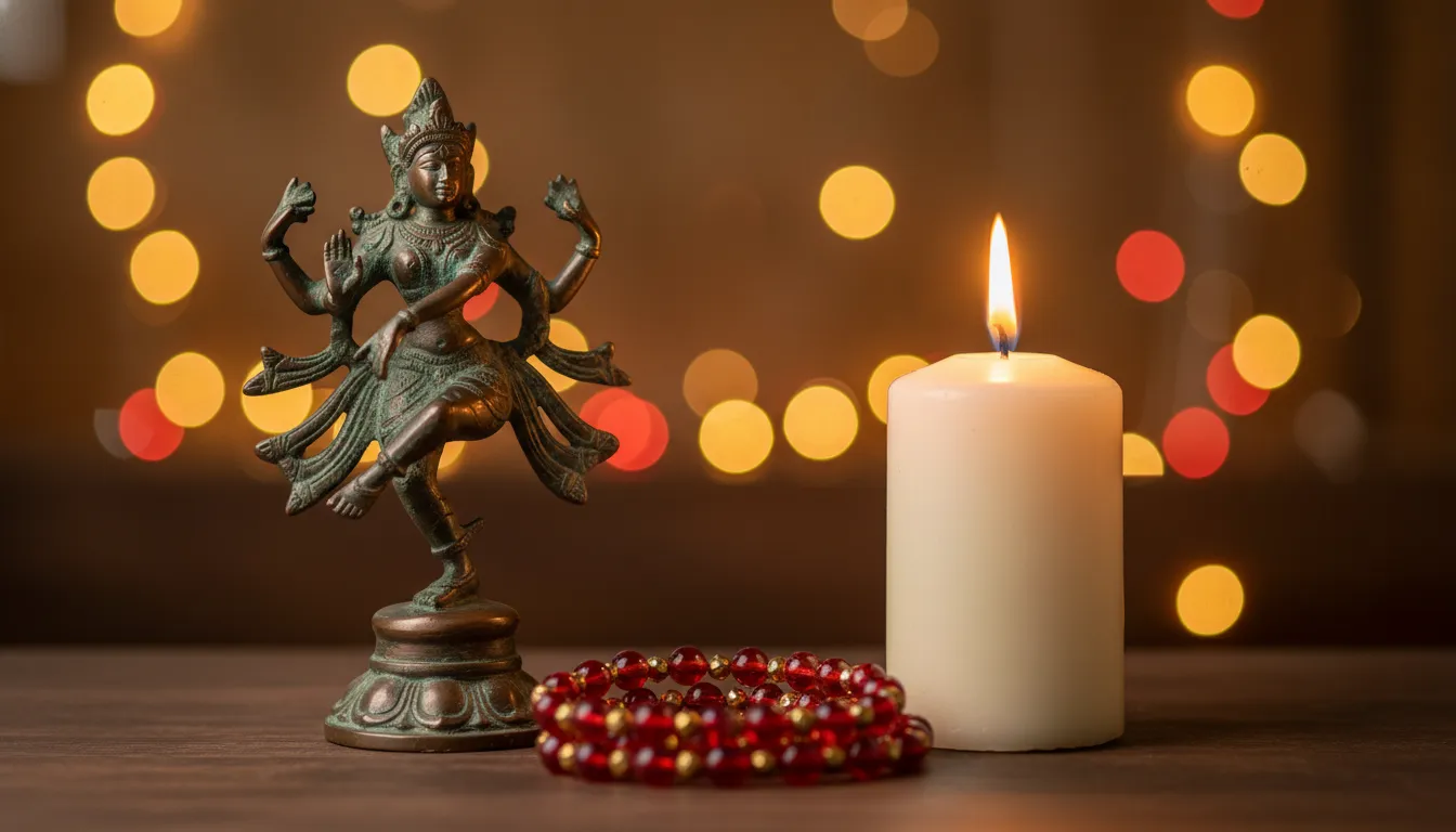 bronze dancing figure statue with candle flame and bead garland in background
