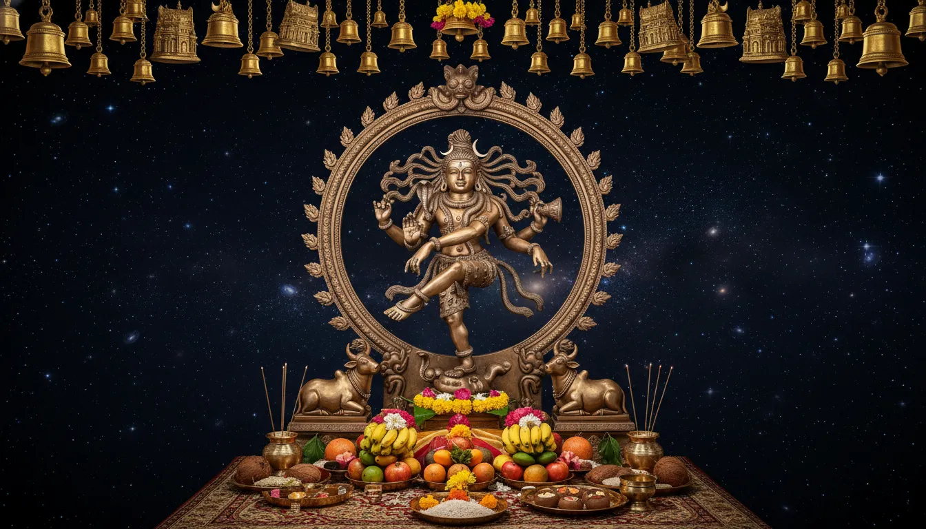 A large Nataraja statue stands within a circular frame, surrounded by temple lamps, bells, Nandi statues, and fruits.