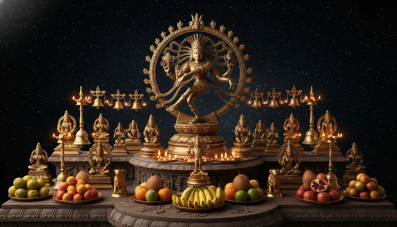 : Nataraja statue surrounded by bells, lamps, sacred bulls, fruit offerings, and a starry background