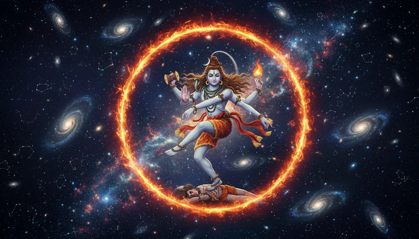 Lord Shiva as Nataraja dancing inside a glowing cosmic fire ring.