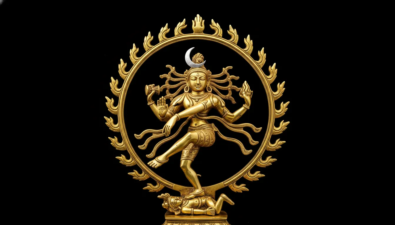 nataraja with crescent moon in hair fire ring background statue