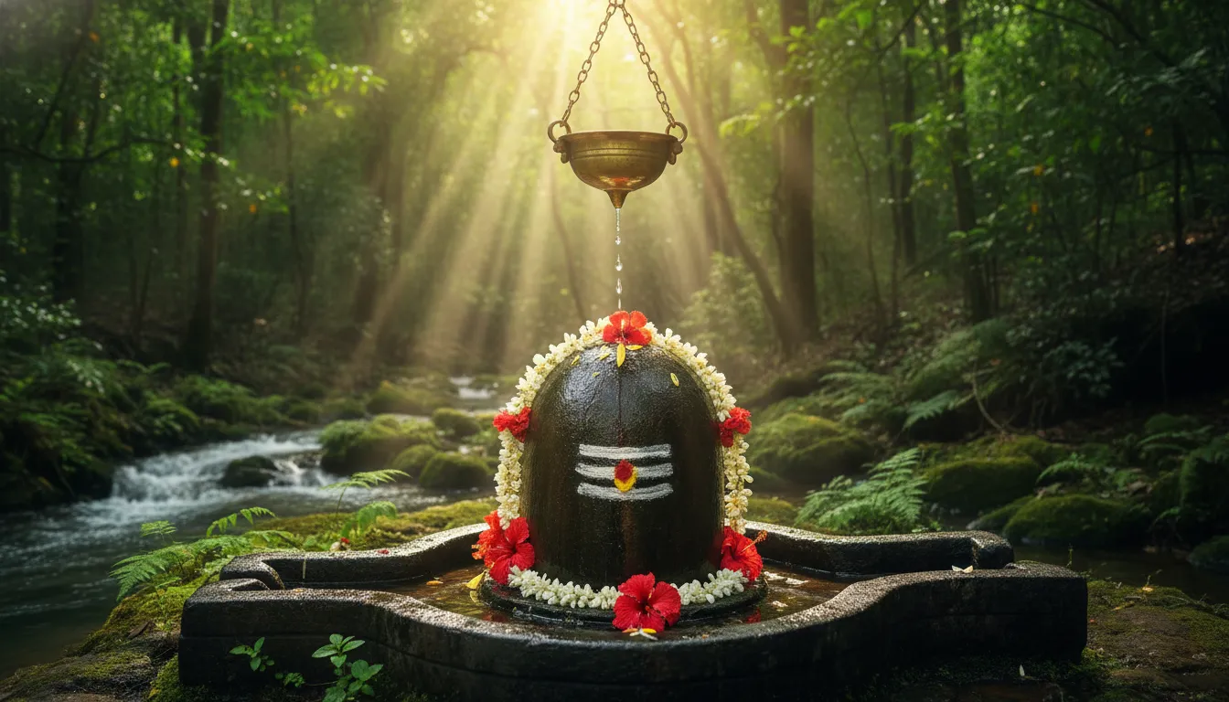 Har Har Mahadev Shivling photo in a peaceful forest with water dripping from a brass pot.