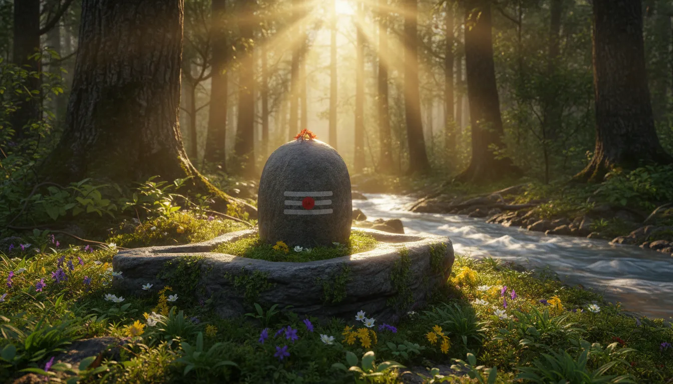 Natural stone Mahadev Shiv Ling photo inside a peaceful green forest.