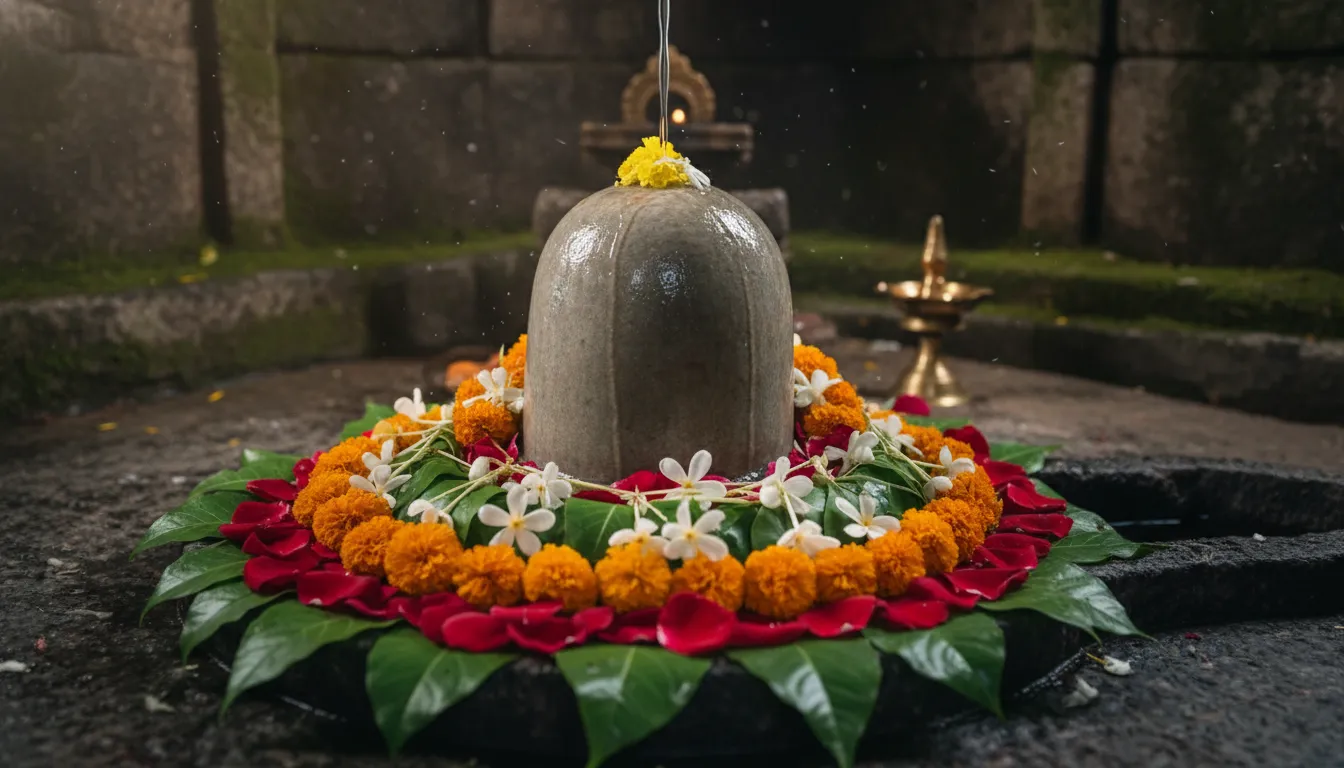 A rounded Shiva Lingam is decorated with green leaves, rose petals, and white flowers.