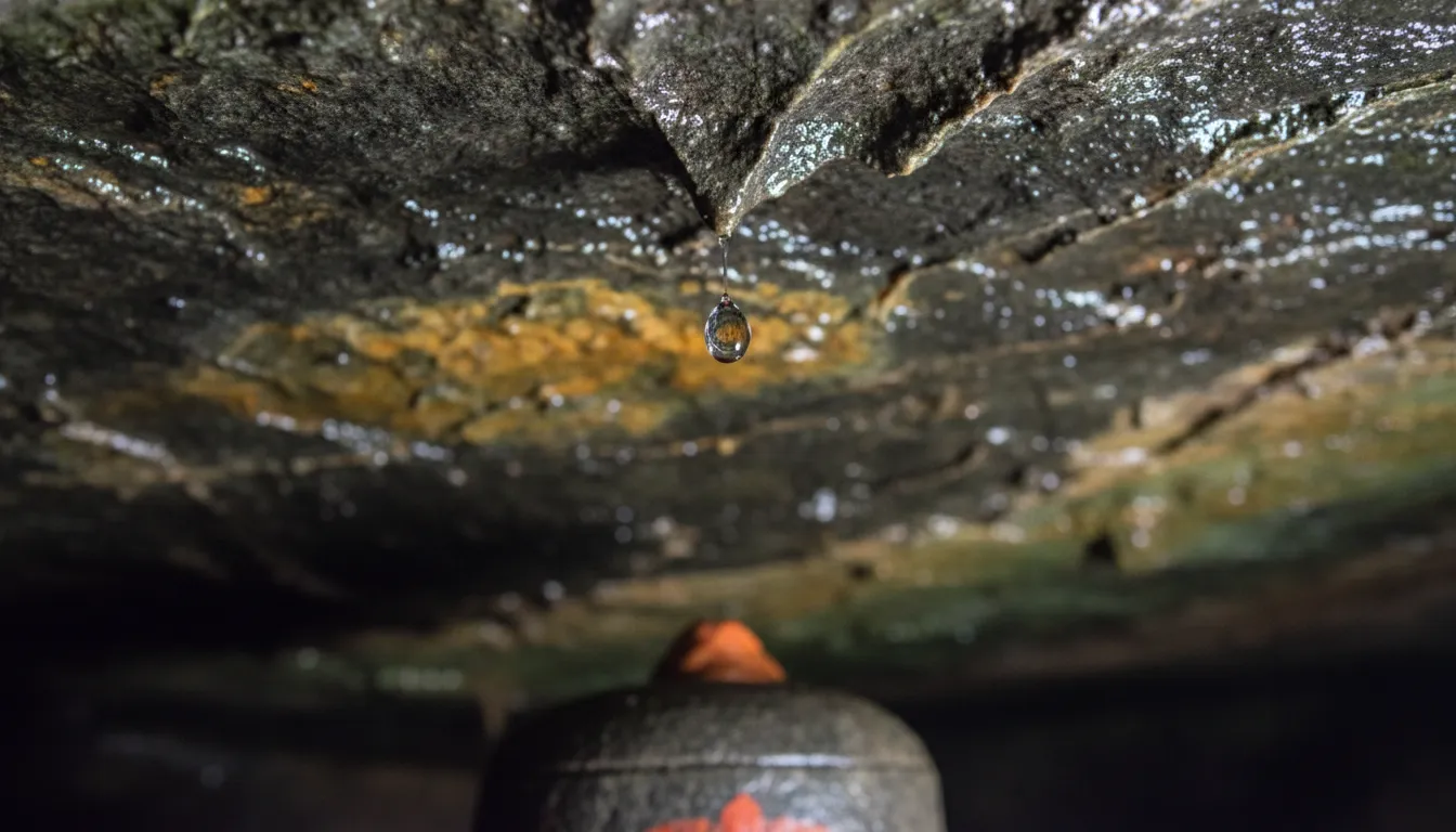 Detailed close-up of water drops falling naturally from the limestone rocks onto the Shivling.