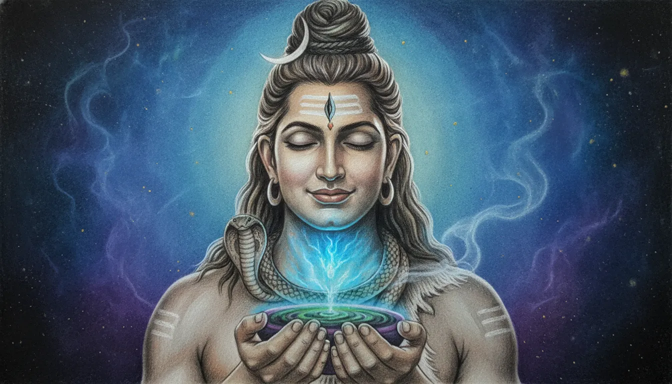 Color pencil drawing of Lord Shiva consuming the Halahala poison, showing a glowing blue throat.