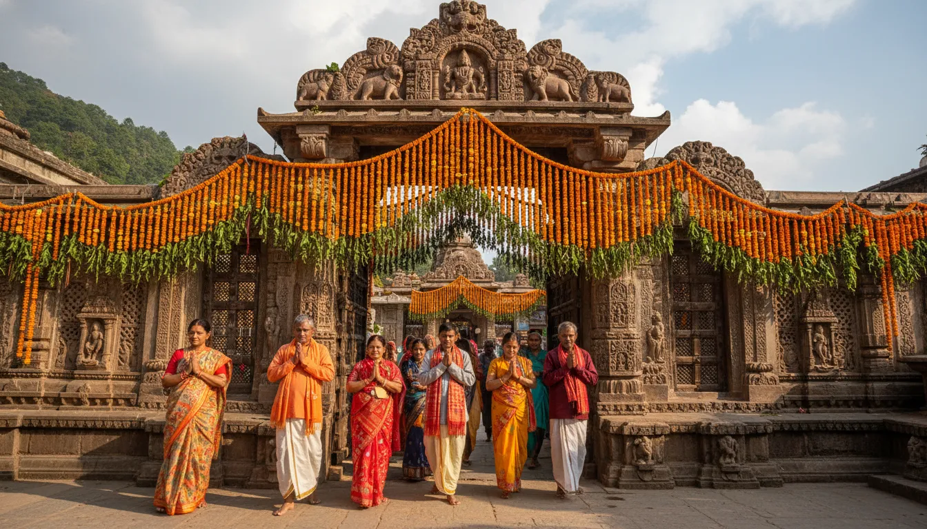 The decorated entrance gate of Neelkanth Mahadev Temple with devotees entering.