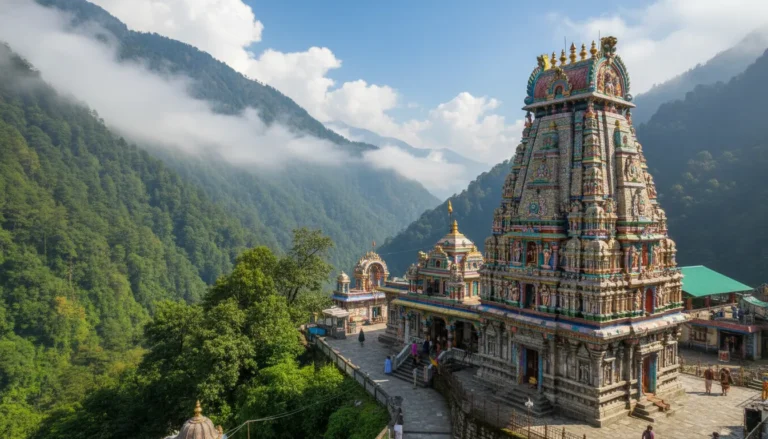 Neelkanth Mahadev Temple photos showing the main colorful shrine surrounded by green mountains in Rishikesh.