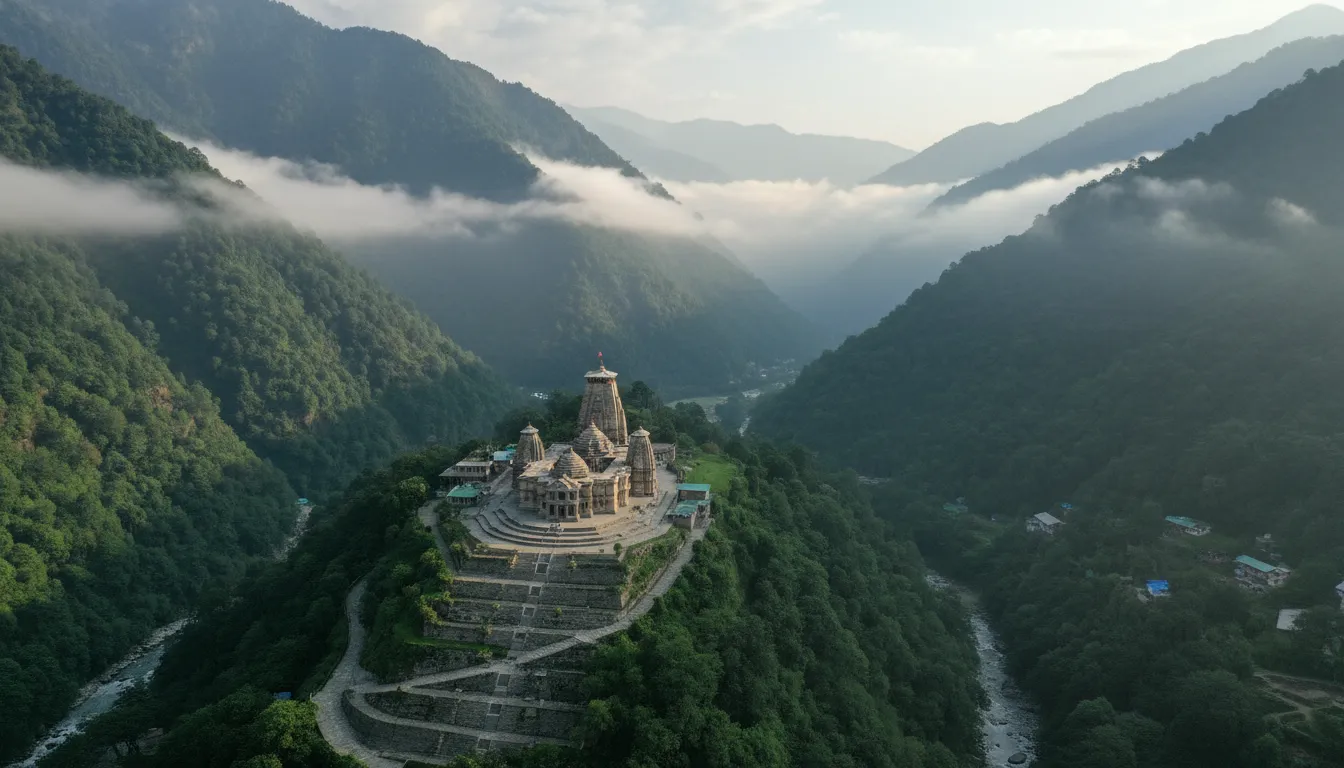 Panoramic view of Neelkanth Mahadev Temple surrounded by Nar and Narayan mountain peaks in Uttarakhand.