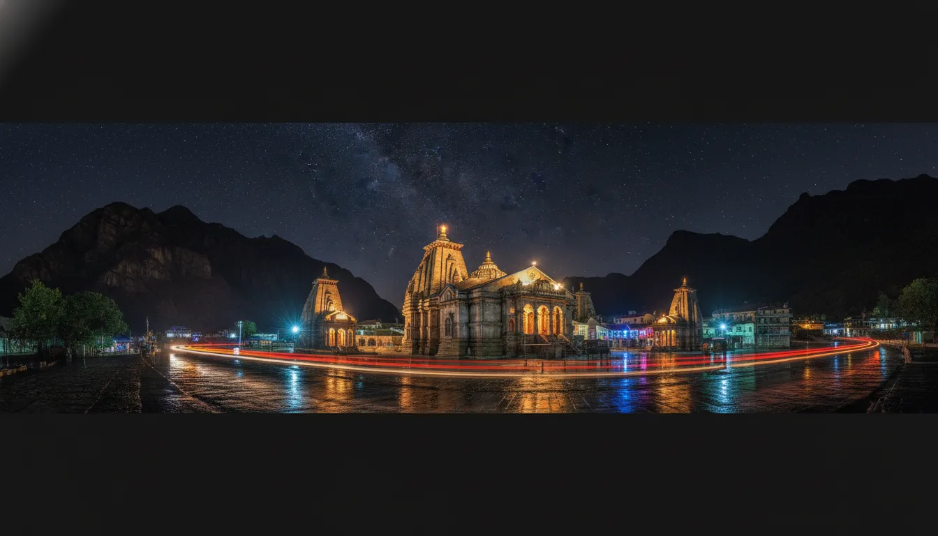 Neelkanth Mahadev Temple illuminated beautifully with colorful lights against the dark night sky.