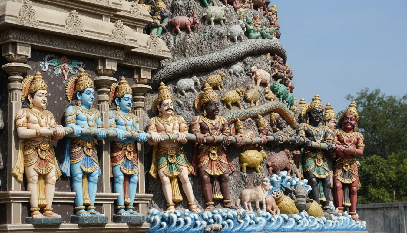 Close-up of colorful deities carved on the Neelkanth Mahadev Temple tower.