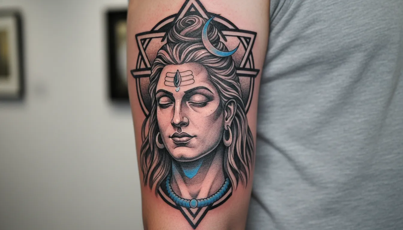 Abstract neo traditional mahadev tattoo photo with blue accents