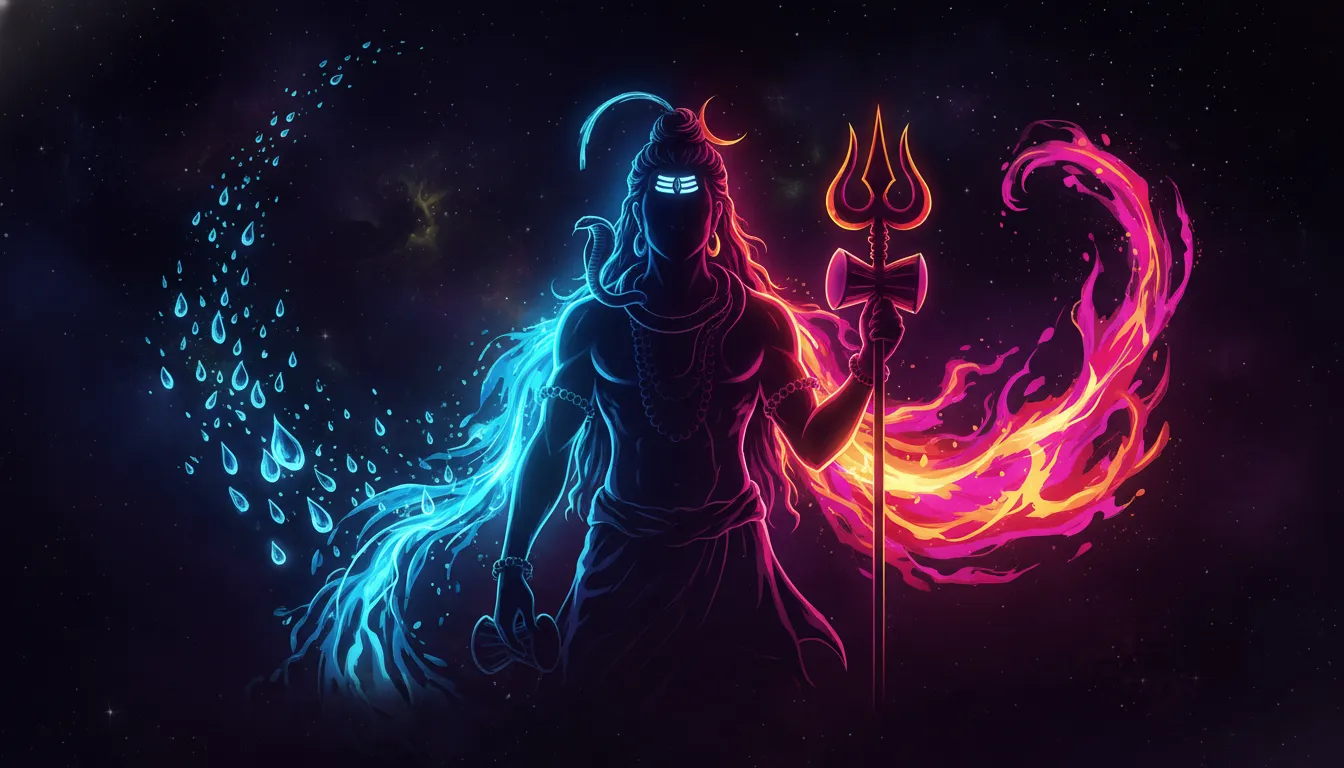 A modern digital art depiction of Lord Shiva with glowing neon lines representing rivers of water and currents of plasma fire