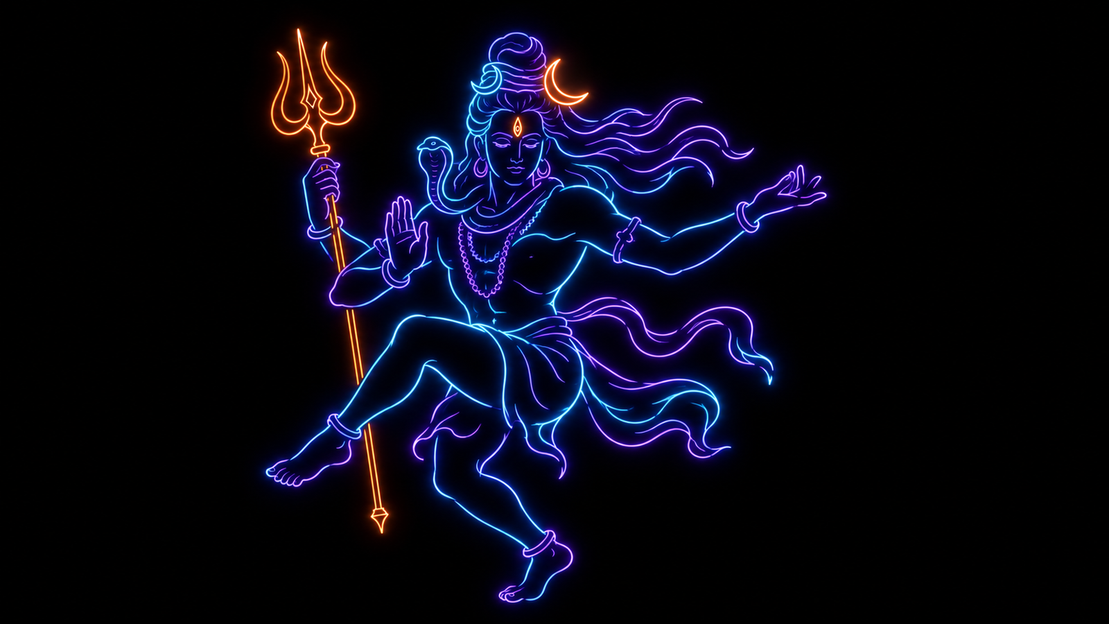 Minimalist glowing neon line art portraying the dynamic posture of Shiva's Tandava