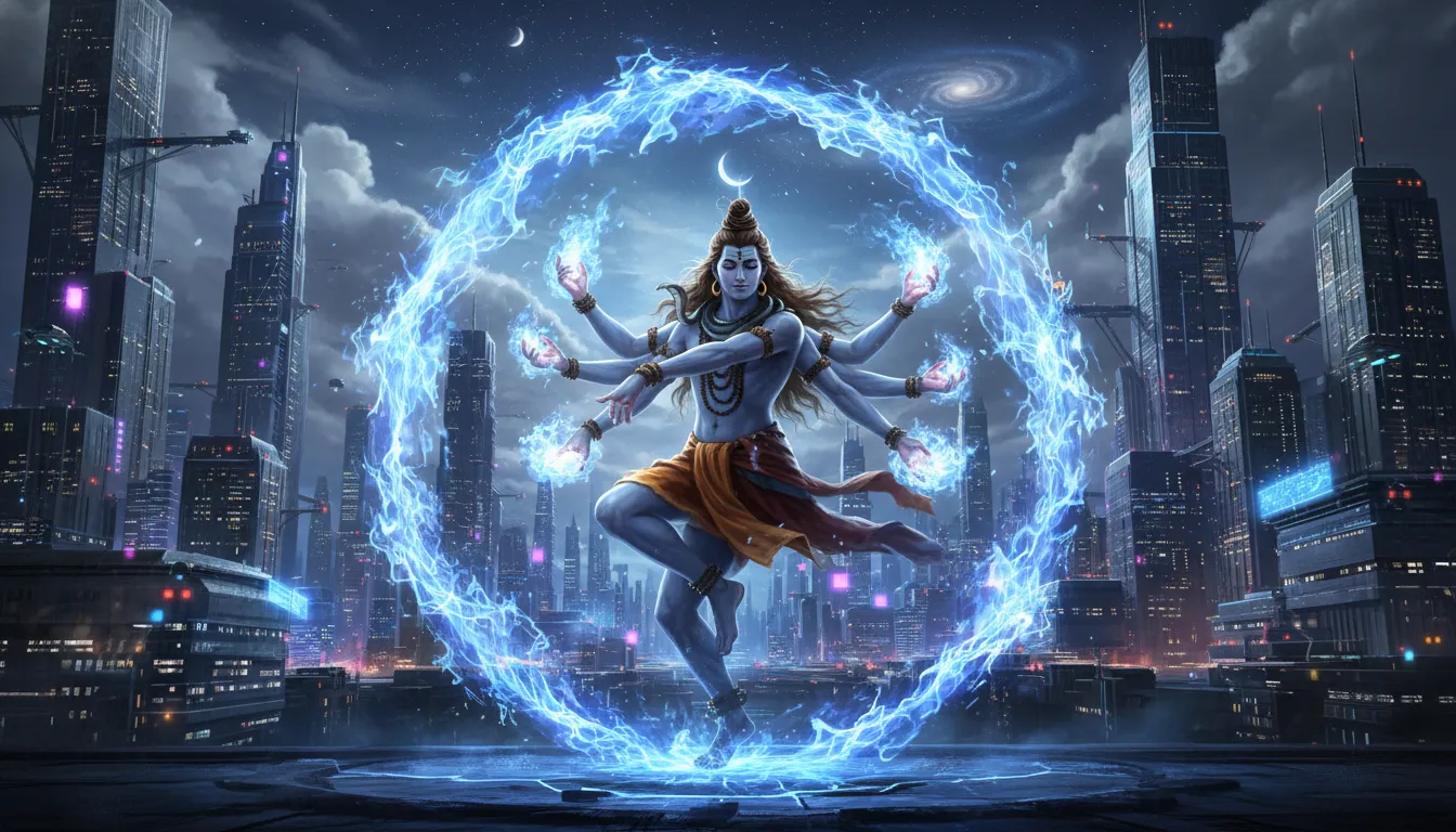 Modern neon Lord Shiva performing Tandav dance with blue fire effects.