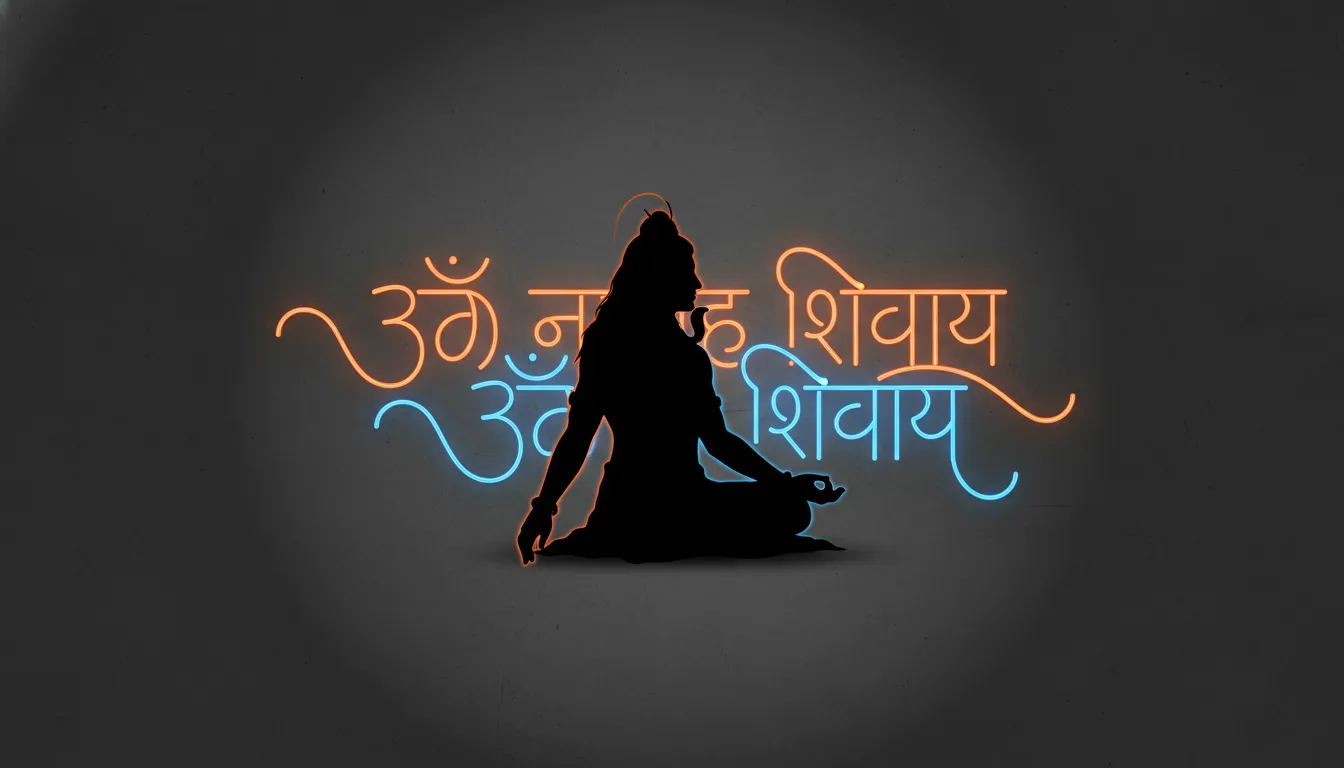 Minimalist silhouette of Lord Shiva with glowing neon typography photo editing.