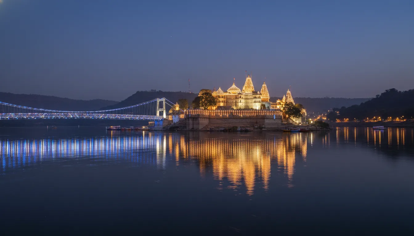 Om Kareshwar Mahadev temple and the hanging bridge beautifully lit up with colorful lights reflected in the river at night.